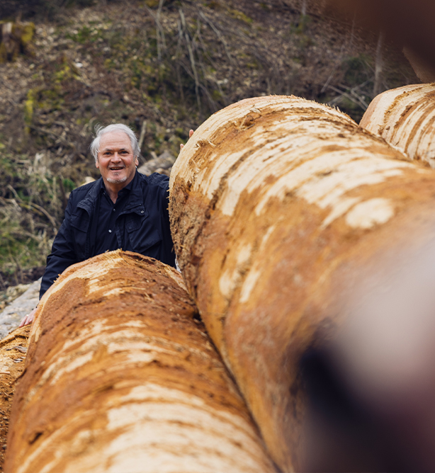 Eckhard Wolf prüft Rundholzstämme