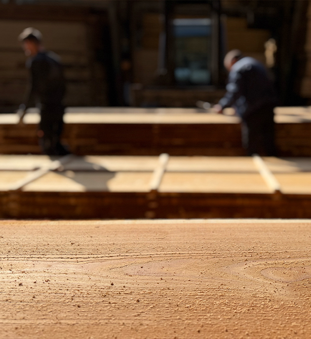 Holzlager mit gestapeltem Schnittholz.